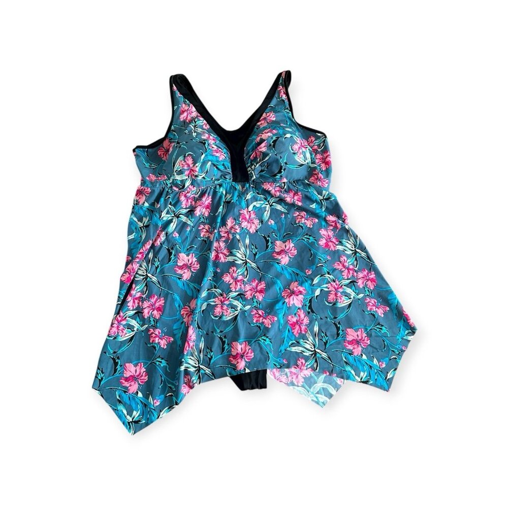Catherines Blue & Pink One Piece Swimsuit Swimdress Floral Built In Bra Plus 30W